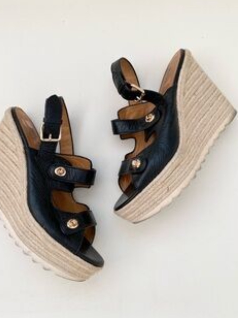 Coach Black Leather “Electra” Espadrille Wedge Sandals with Gold Accents
